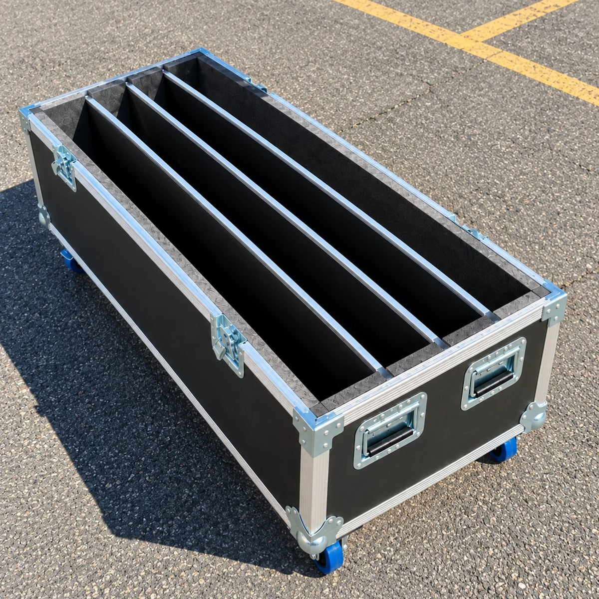 Black multi-screen TV ATA case, open base view displaying internal foam slots for multiple flat panel monitors