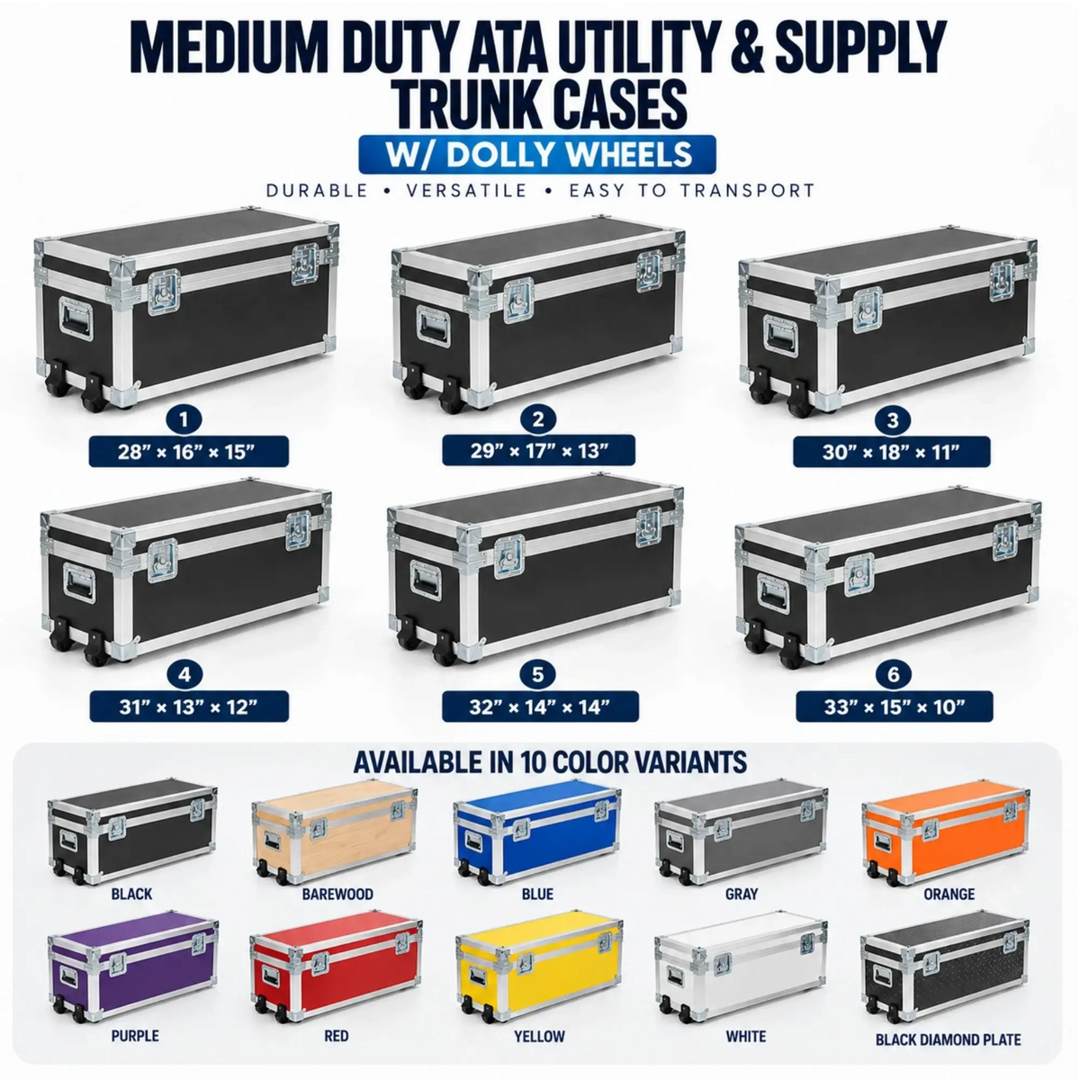Medium-duty ATA utility trunk case size chart and 10 color options including black, barewood, blue, gray, orange, purple, red, yellow, white, and black diamond plate