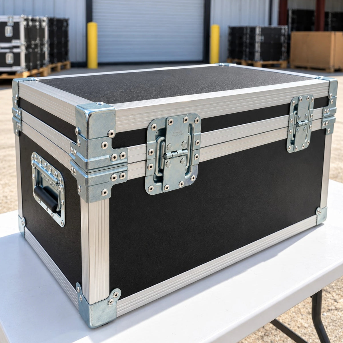 Black medium-duty ATA utility trunk case, closed back view showing heavy-duty lid hinges, flat corners, and recessed handle