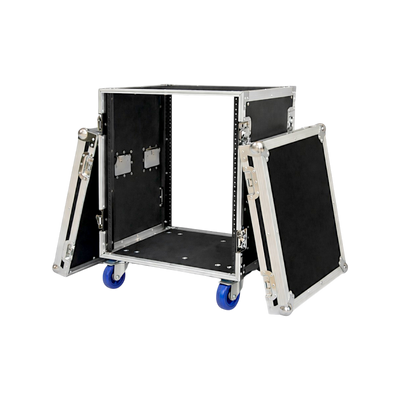 Open 12U ATA rack case with removable front and rear covers and built-in caster wheels.
