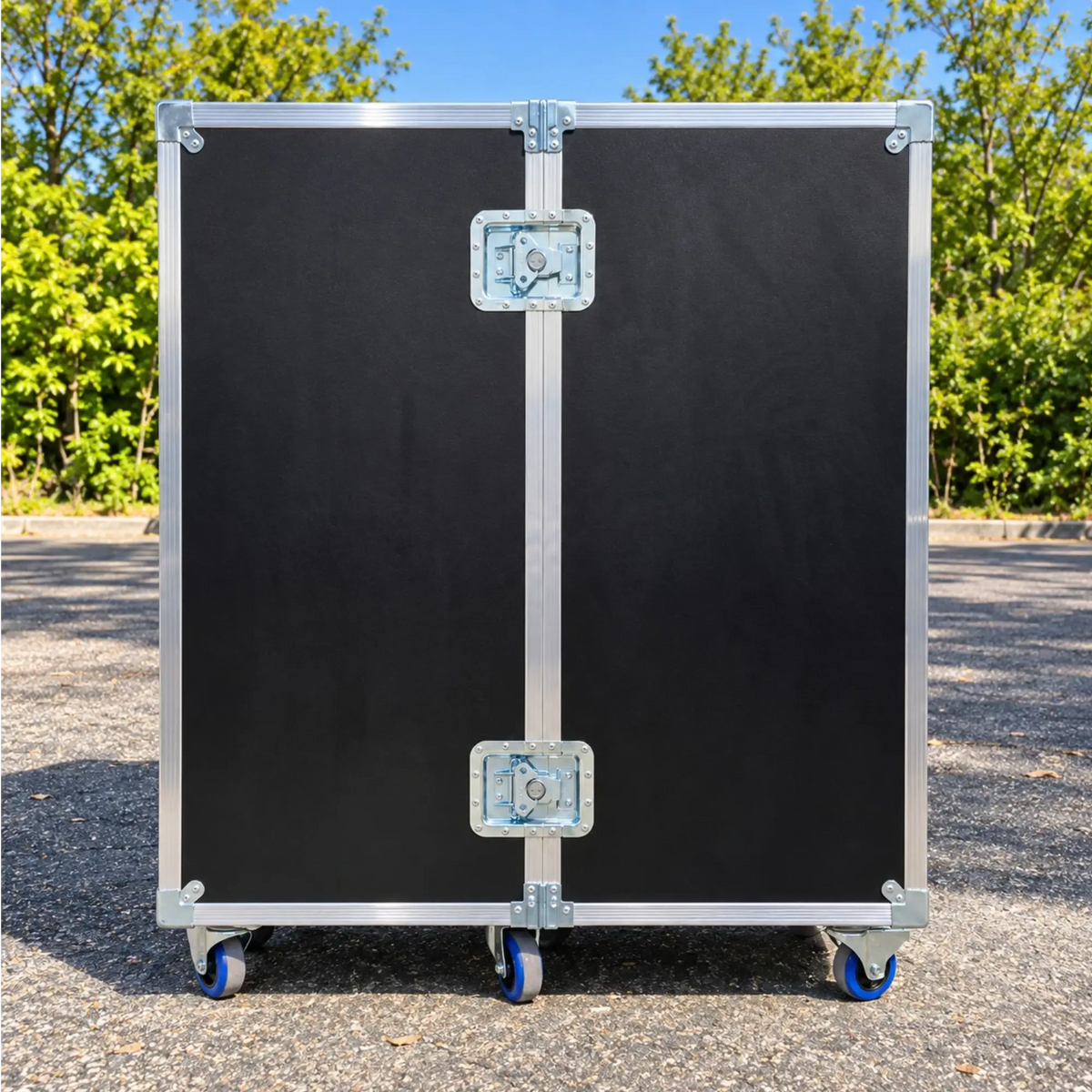 Black 2-sided 20x20x46 utility trunk case, closed front view showing dual recessed twist latches