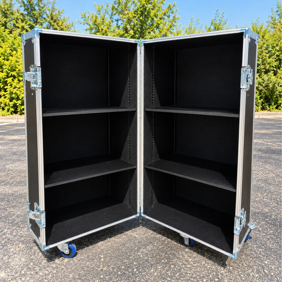 Black 2-sided 20x20x46 utility trunk case, open view showing adjustable internal shelving and carpet lining