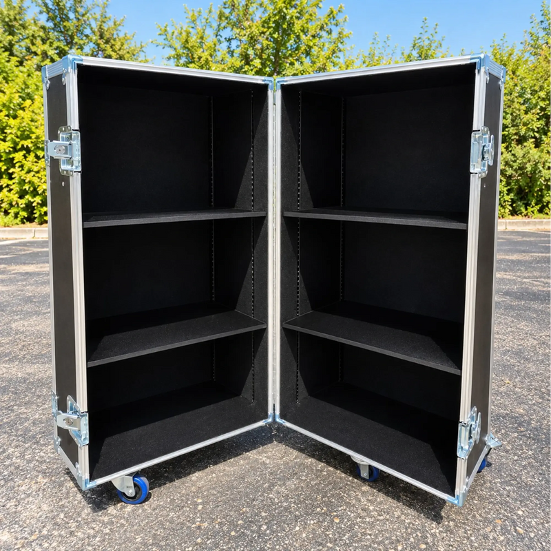 Black 2-sided 20x20x46 utility trunk case, open view showing adjustable internal shelving and carpet lining