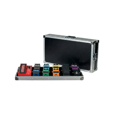 Open ATA road case with effect pedals secured in a custom foam interior