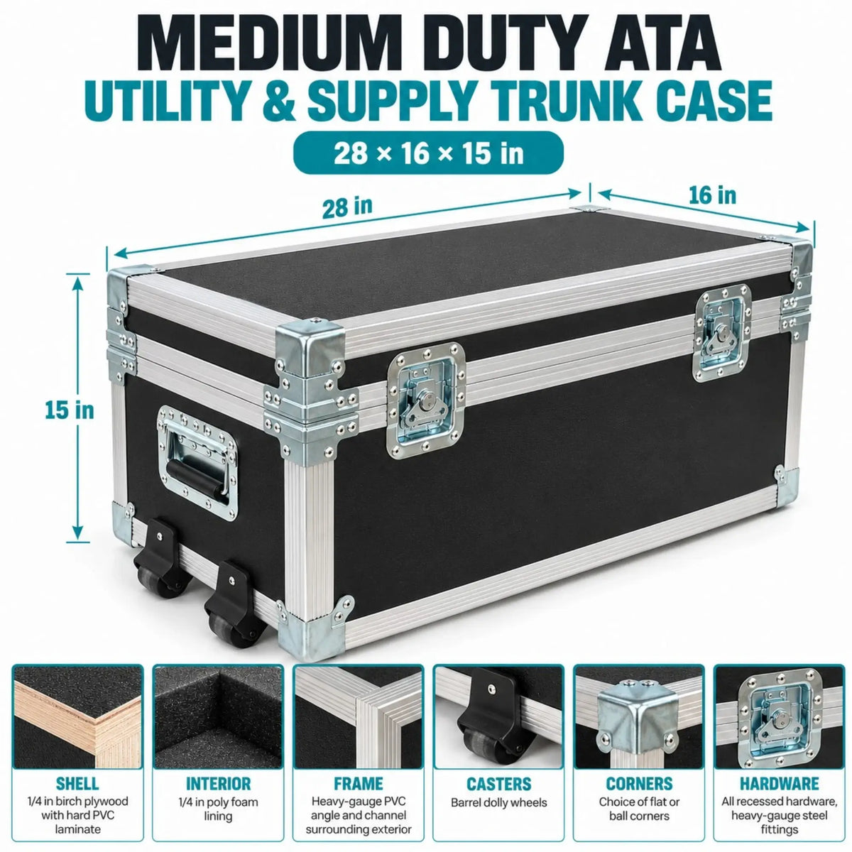 Black 28" x 16" x 15" Medium Duty ATA Utility & Supply Trunk Case w/ Dolly Wheels dimension and feature breakdown infographic