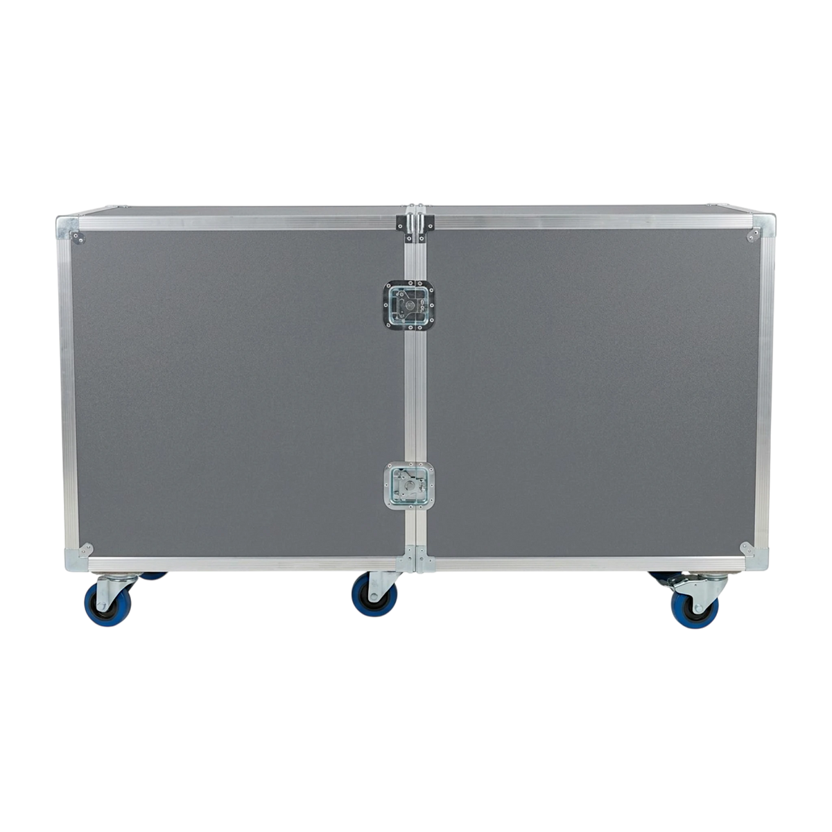 Grey 2-sided drum ATA case, closed front view showing twist latches and blue casters