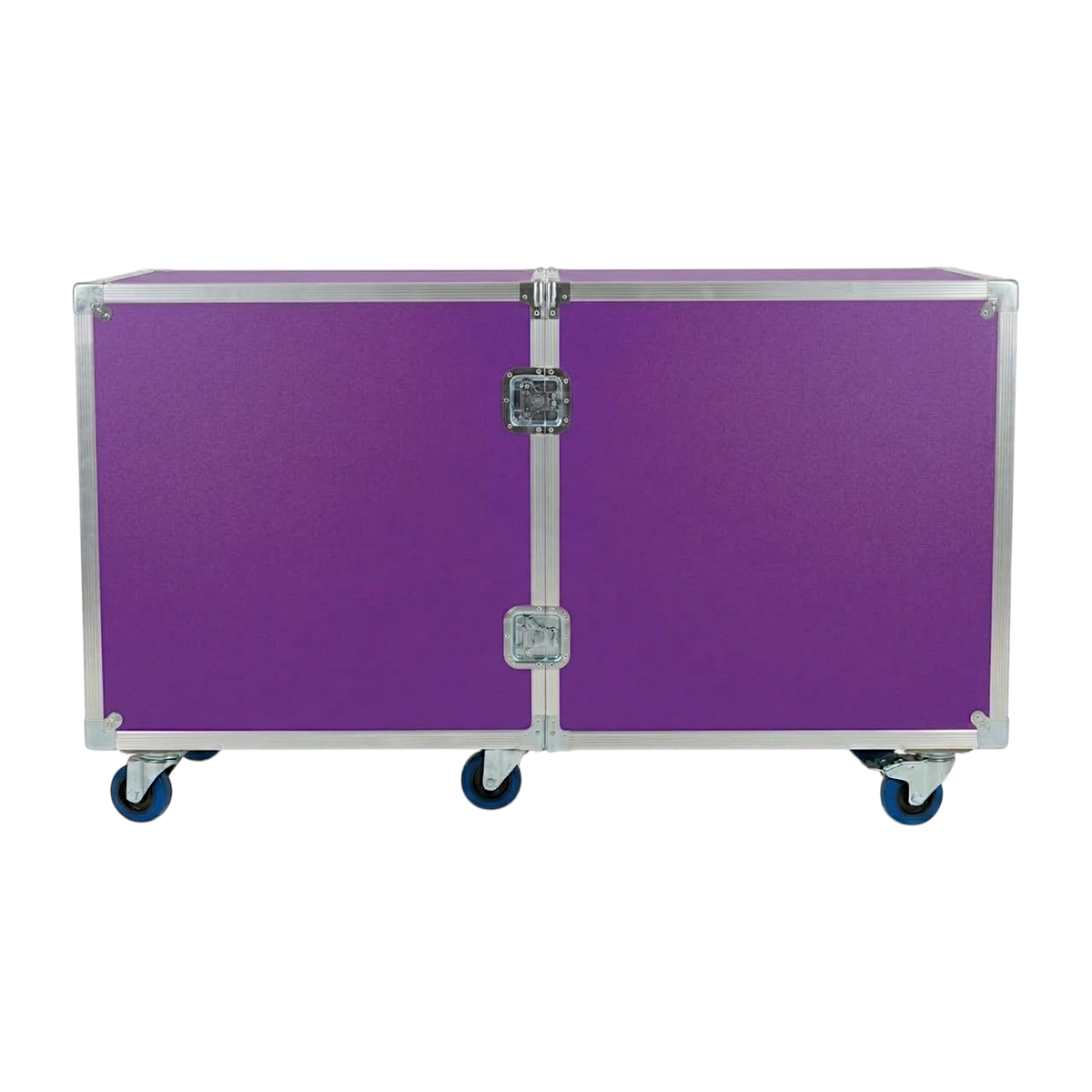 Purple 2-sided drum ATA case, closed front view showing twist latches and blue casters
