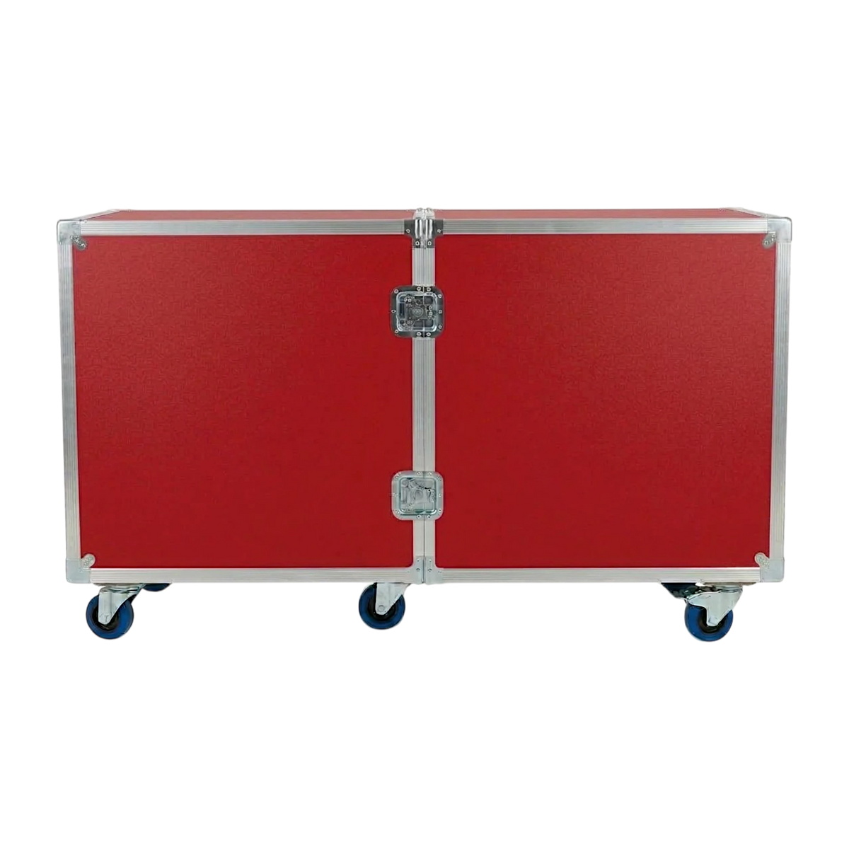 Red 2-sided drum ATA case, closed front view showing twist latches and blue casters