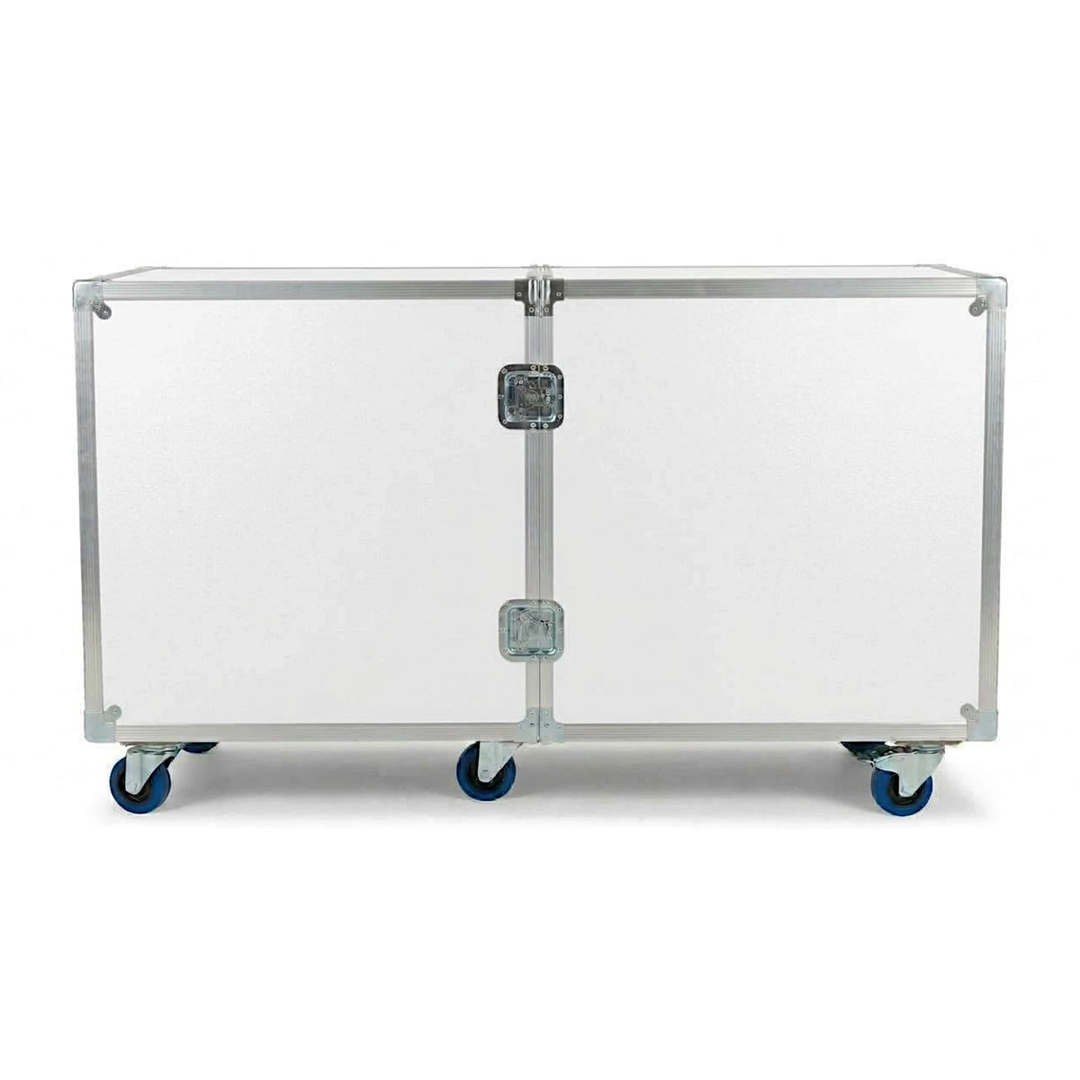 White 2-sided drum ATA case, closed front view showing twist latches and blue casters