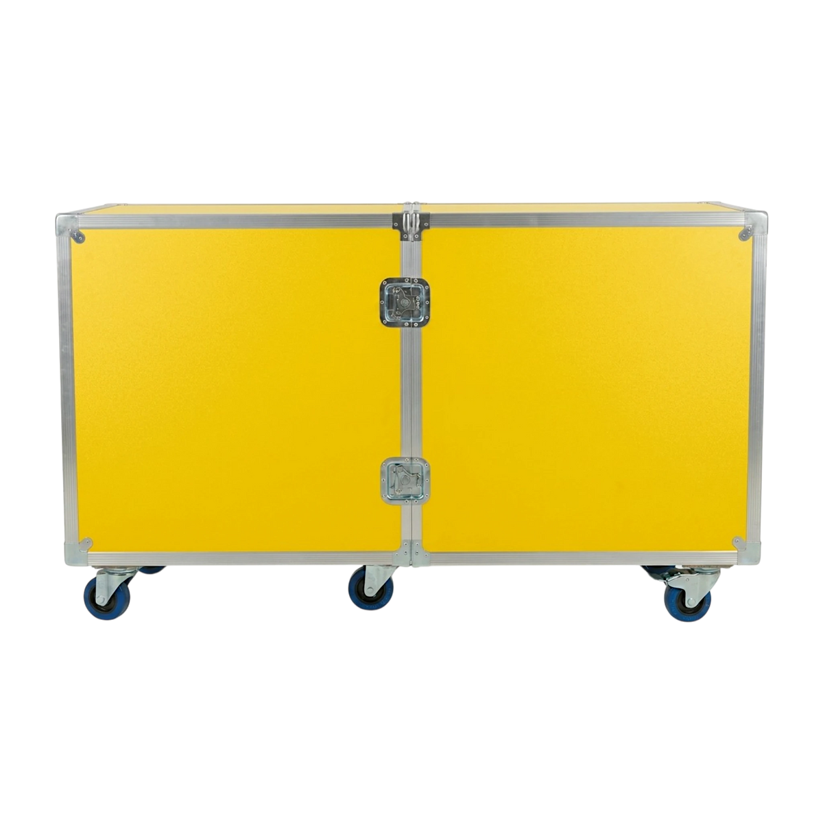 Yellow 2-sided drum ATA case, closed front view showing twist latches and blue casters