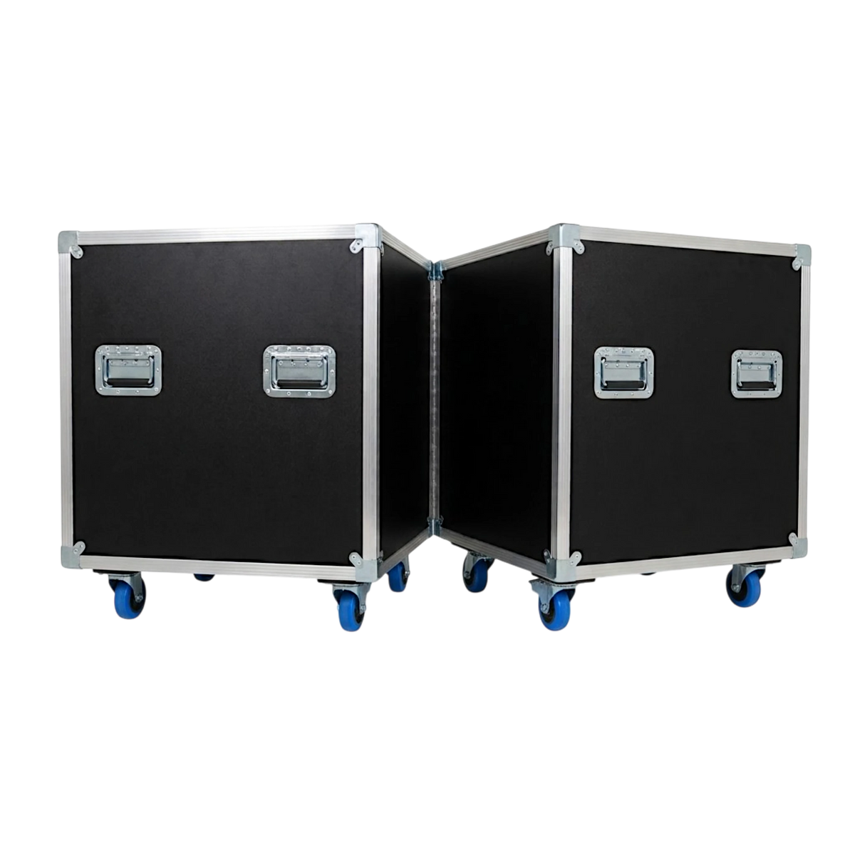 Black 2-sided drum ATA case, open back view displaying dual hinged compartments and swivel casters