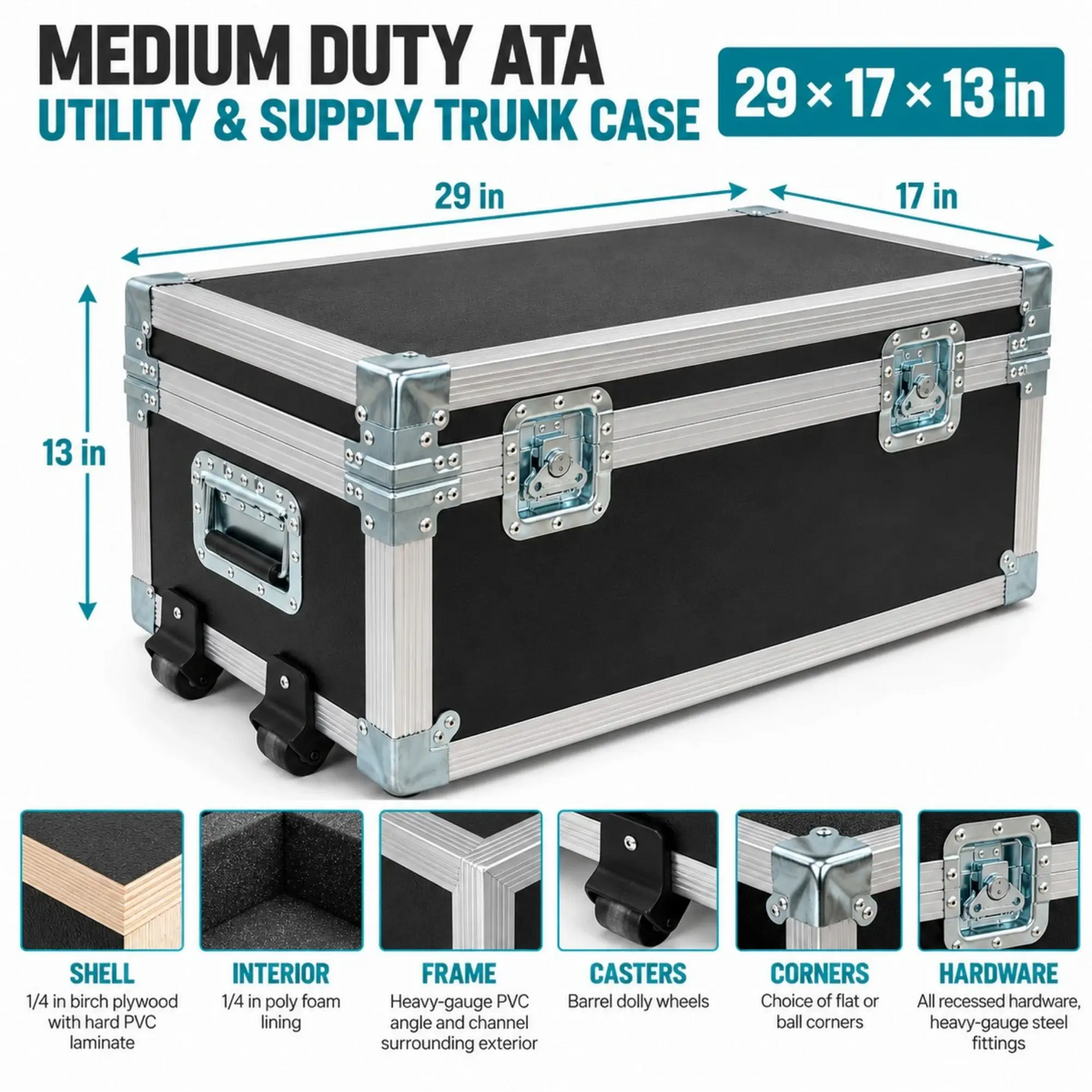 Black 29" x 17" x 13" Medium Duty ATA Utility & Supply Trunk Case w/ Dolly Wheels dimension and feature breakdown infographic