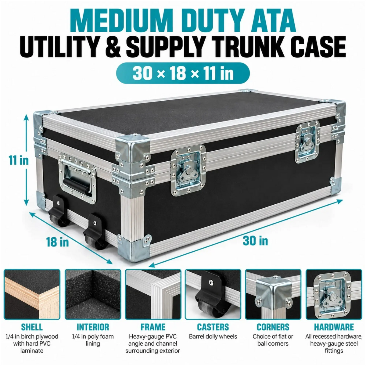 Black 30" x 18" x 11" Medium Duty ATA Utility & Supply Trunk Case w/ Dolly Wheels dimension and feature breakdown infographic