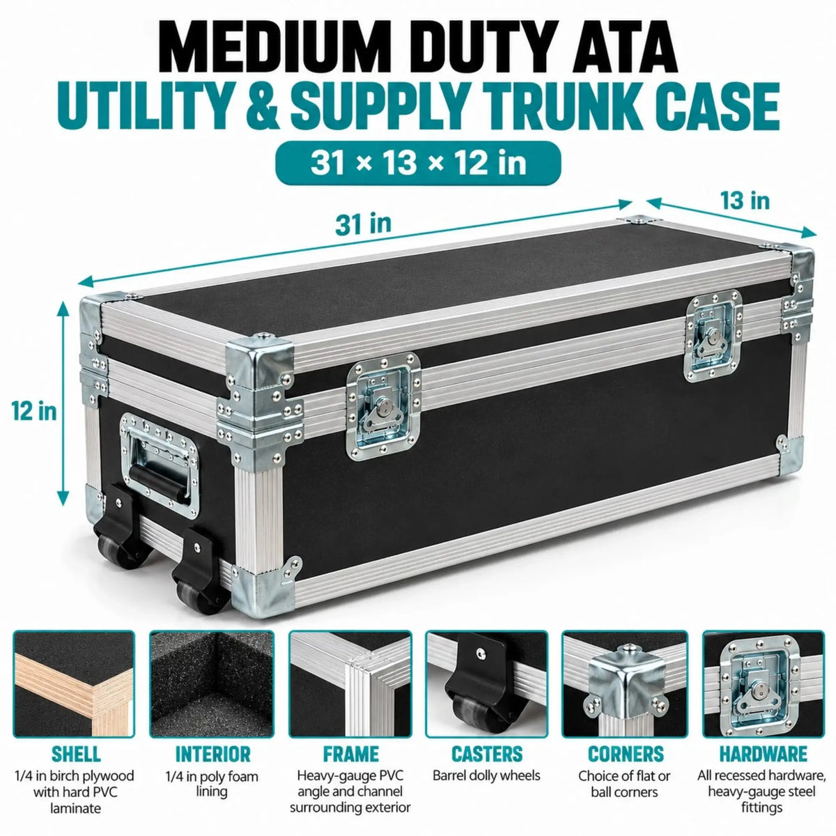 Black 31" x 13" x 12" Medium Duty ATA Utility & Supply Trunk Case w/ Dolly Wheels dimension and feature breakdown infographic