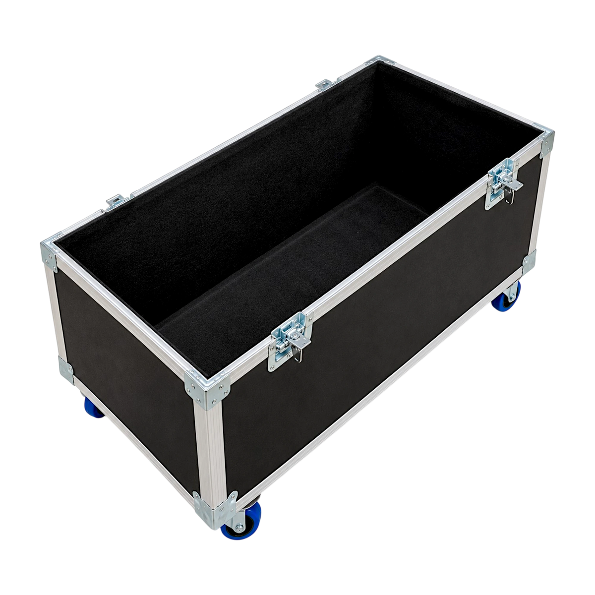 Black equipment supply ATA trunk, open top angled view showing interior compartment and blue swivel casters