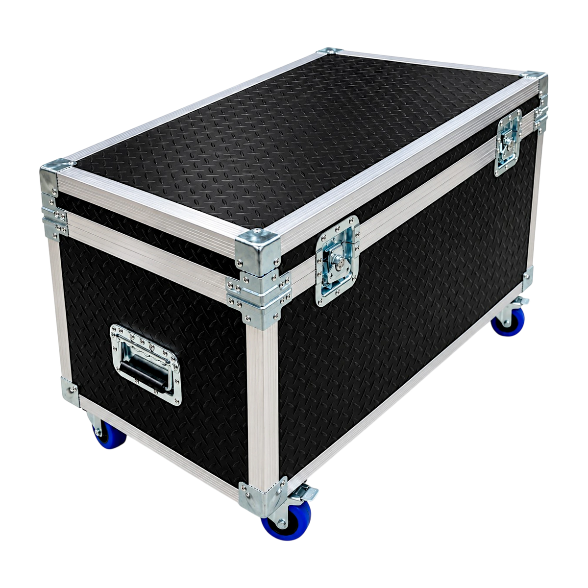 Black diamond pattern equipment supply ATA trunk, closed angled view showing recessed latches and blue casters
