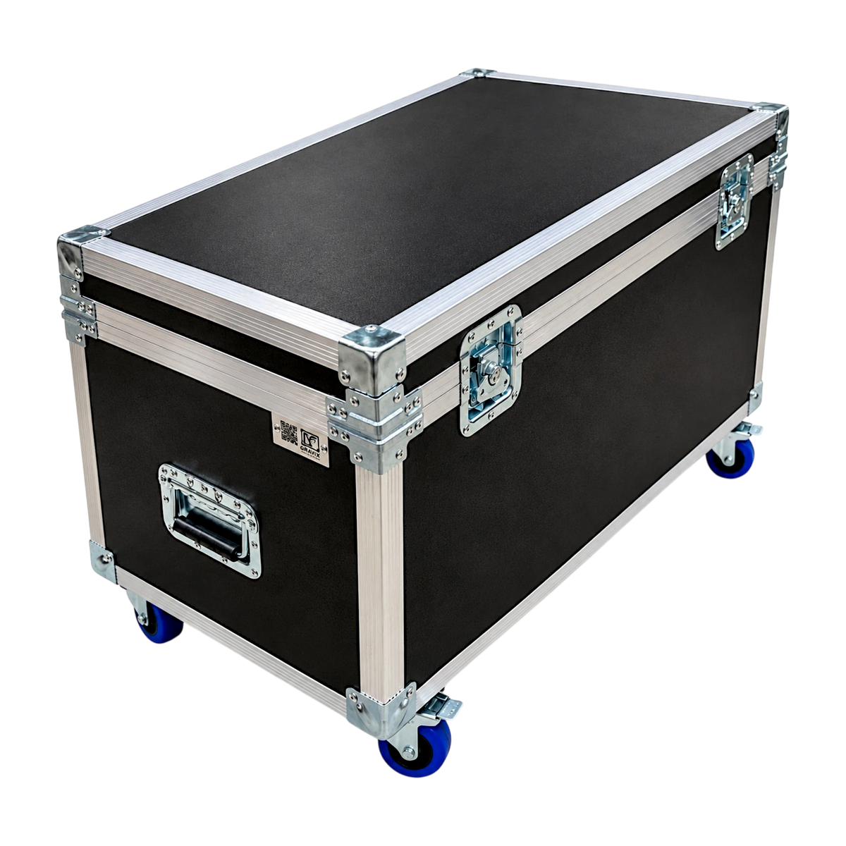 Black 35 1/2"x19 1/2"x19 1/2" ATA Equipment & Supply Trunk with Wheels, closed angled view showing latches and blue casters
