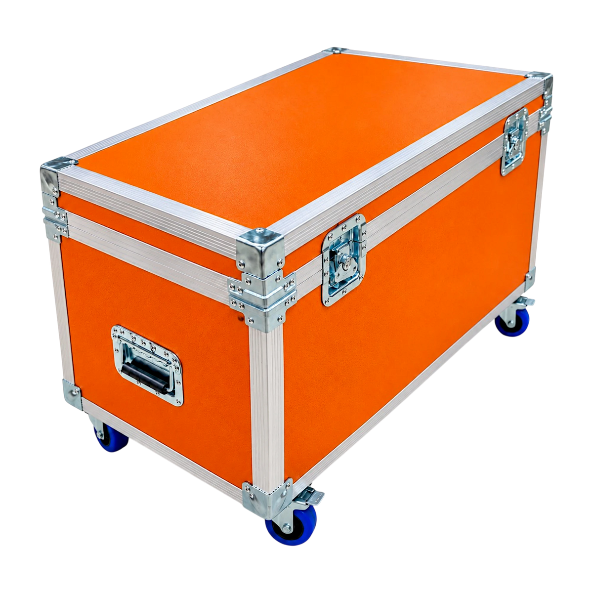 Orange equipment supply ATA trunk, closed angled view showing recessed latches, handles, and blue casters
