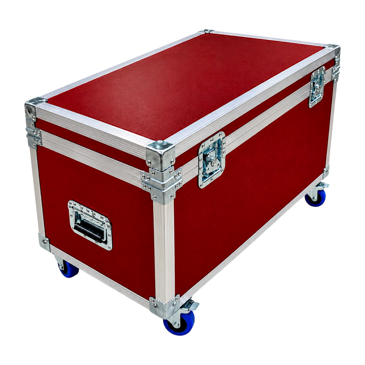 Red equipment supply ATA trunk, closed angled view showing recessed latches, handles, and blue casters