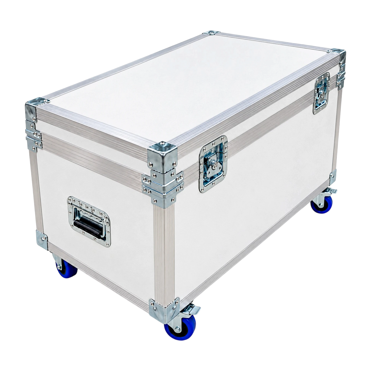 White equipment supply ATA trunk, closed angled view showing recessed latches, handles, and blue casters