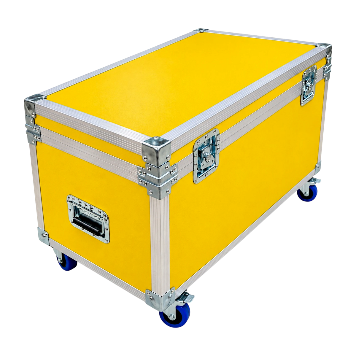 Yellow equipment supply ATA trunk, closed angled view showing recessed latches, handles, and blue casters