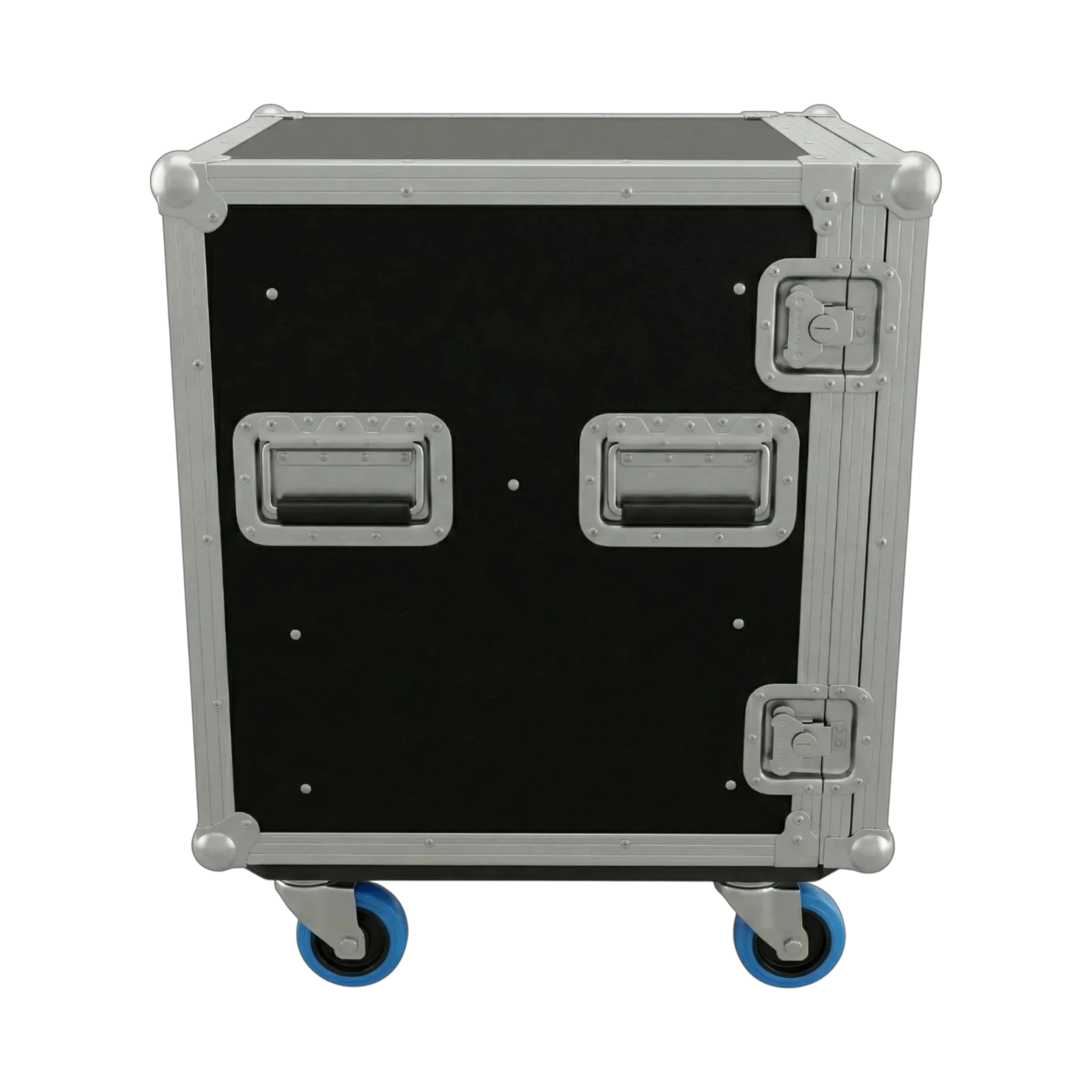 Black 4 Small Tub Drawer ATA Case 3/8" Ply With Wheels, left side showing handles and latches