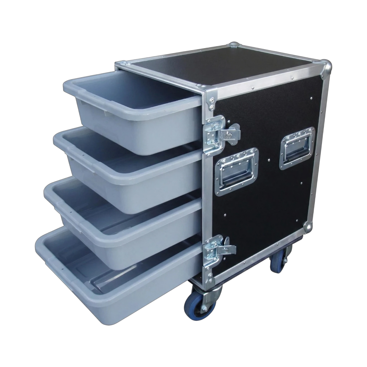 Black 4 Small Tub Drawer ATA Case 3/8" Ply With Wheels, open view showing open tub drawers