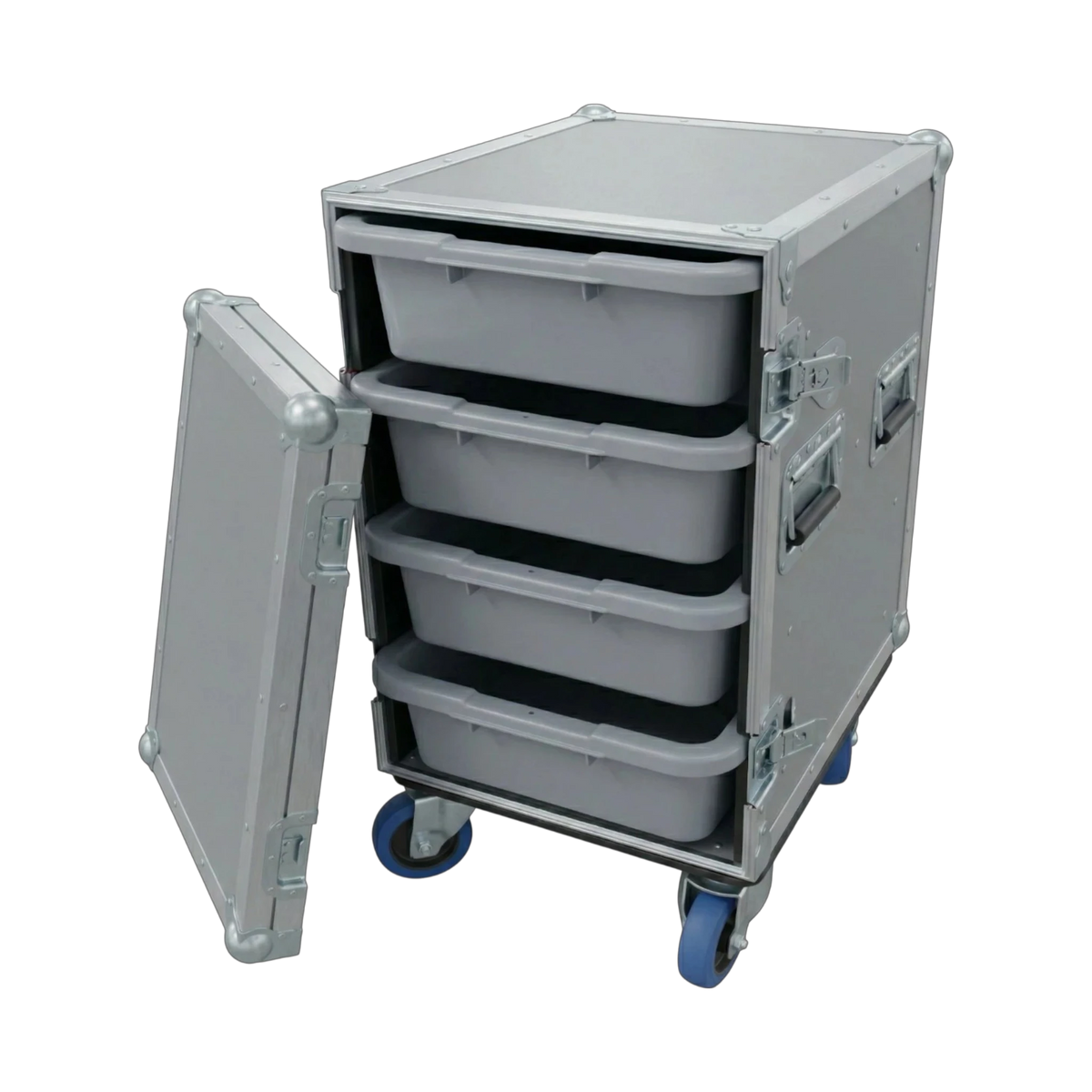 Gray 4 Small Tub Drawer ATA Case 3/8" Ply With Wheels, interior showing tub drawer storage