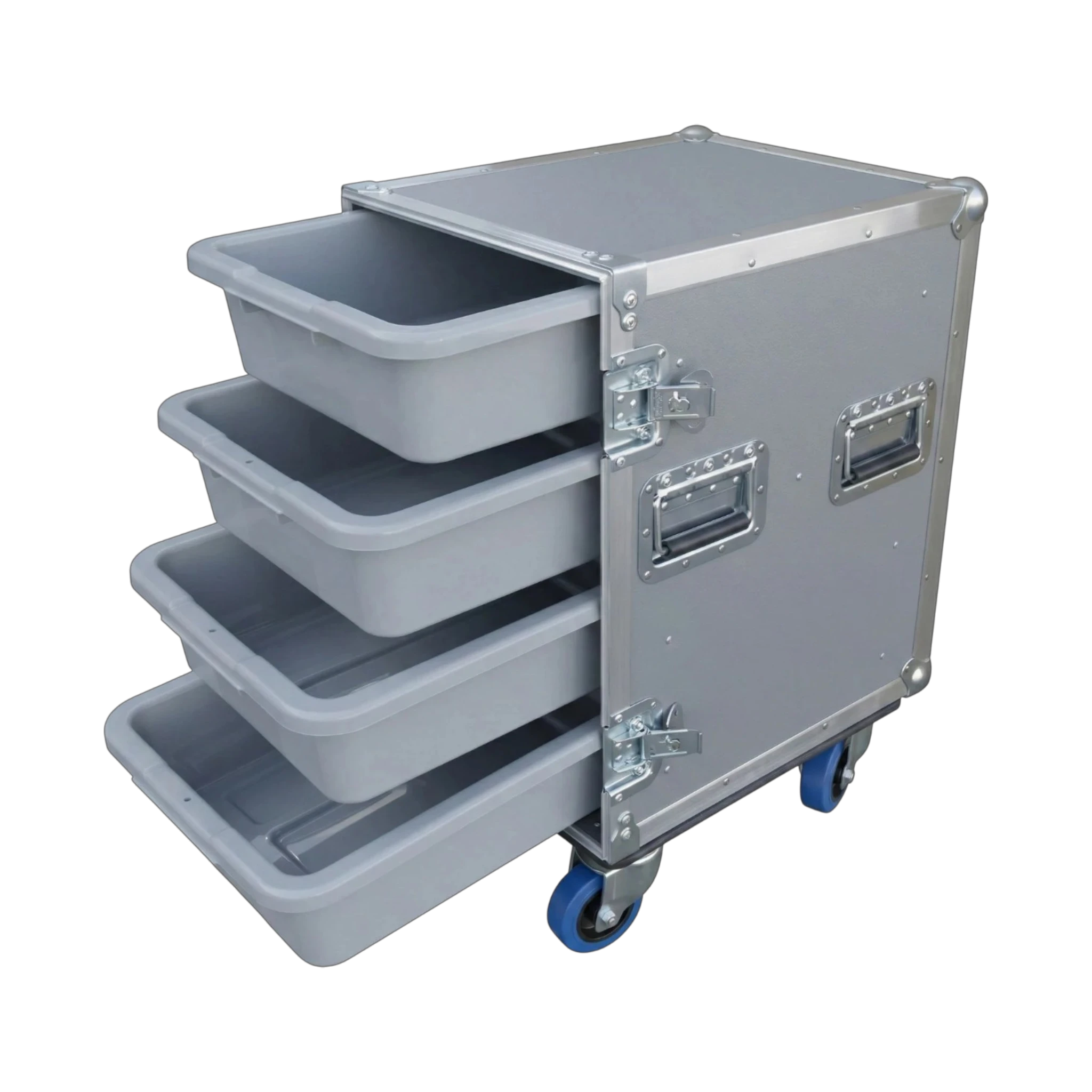 Gray 4 Small Tub Drawer ATA Case 3/8" Ply With Wheels, open view showing open tub drawers