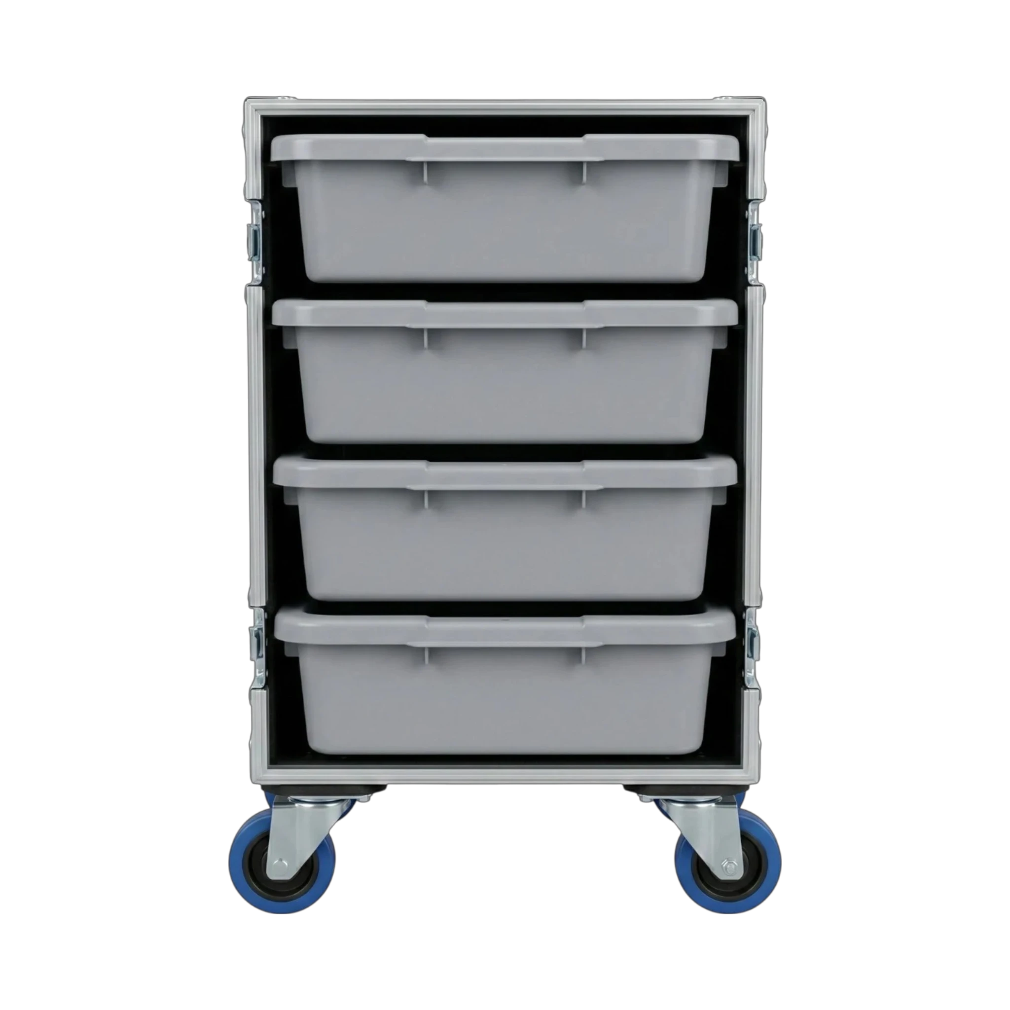 Gray 4 Small Tub Drawer ATA Case 3/8" Ply With Wheels, open view showing tub drawers