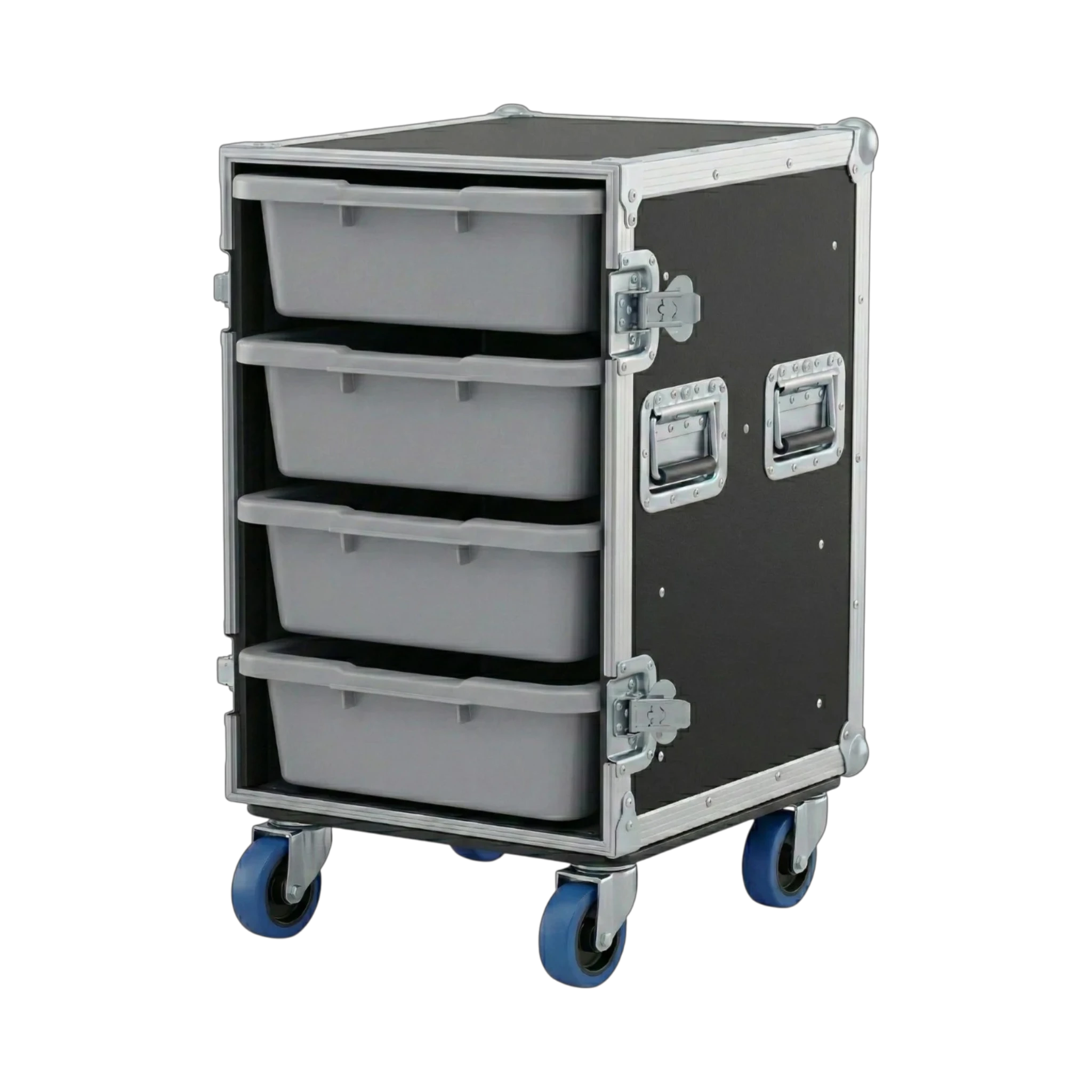 Black 4 Small Tub Drawer ATA Case 3/8" Ply With Wheels, open view showing tub drawers