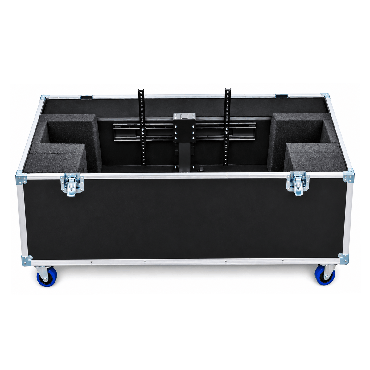 Black Custom 42"-50" LCD TV Monitor ATA Road Case with Electric Lift, open front view showing TV mount bracket and foam interior