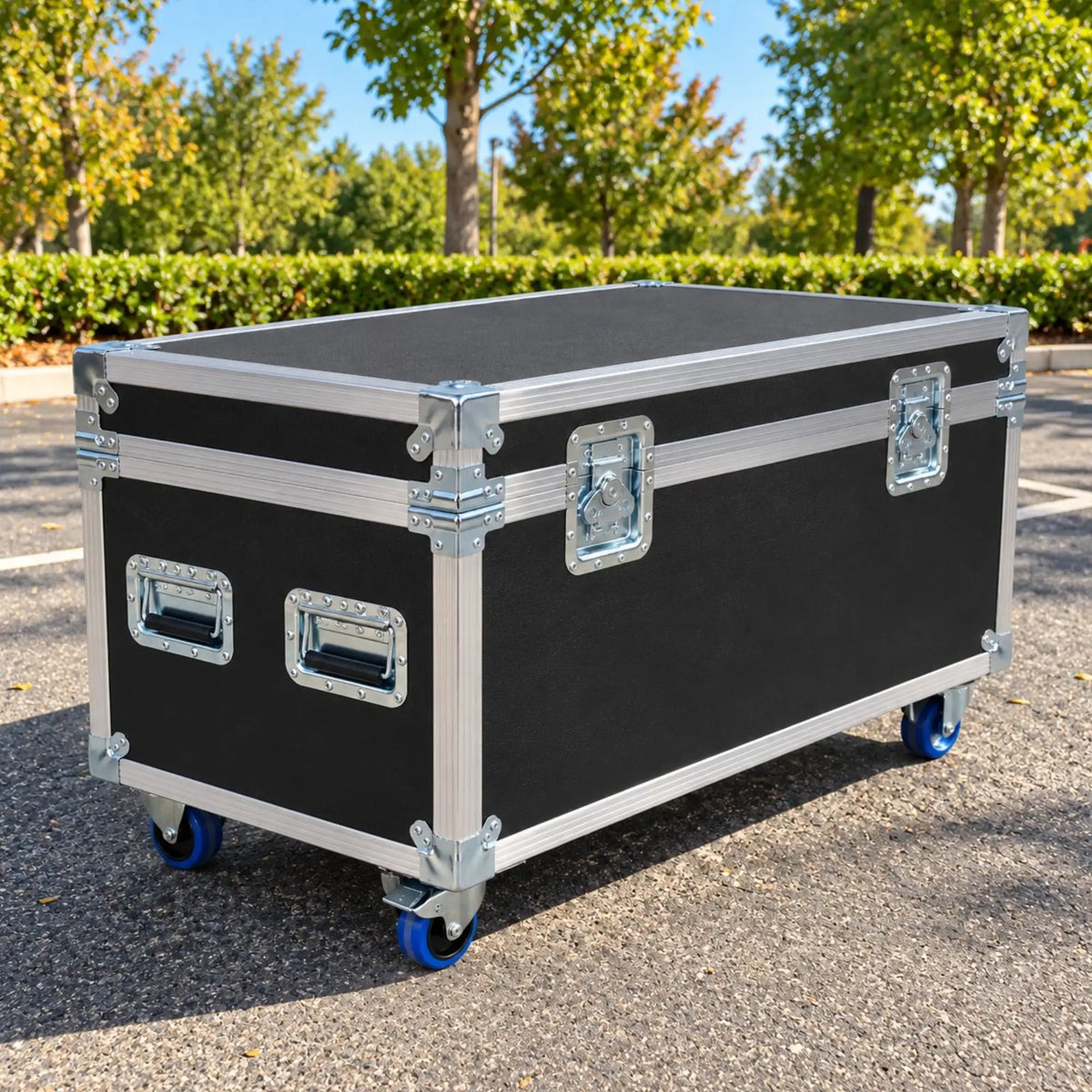 Black jumbo ATA cable trunk, closed side view showing recessed spring handles, ball corners, and swivel casters