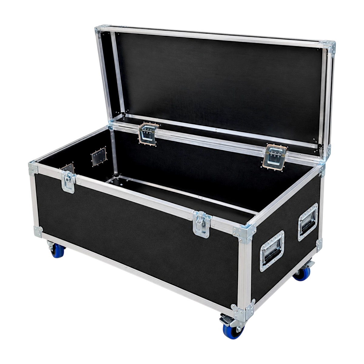 Black jumbo ATA cable trunk, open view showing bare interior, hinged lid, and blue swivel casters