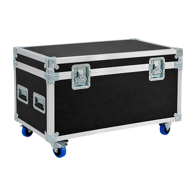 Black 48" x 22" Jumbo ATA Cable Trunk 20" High with Wheels, closed angled view showing recessed latches and blue casters