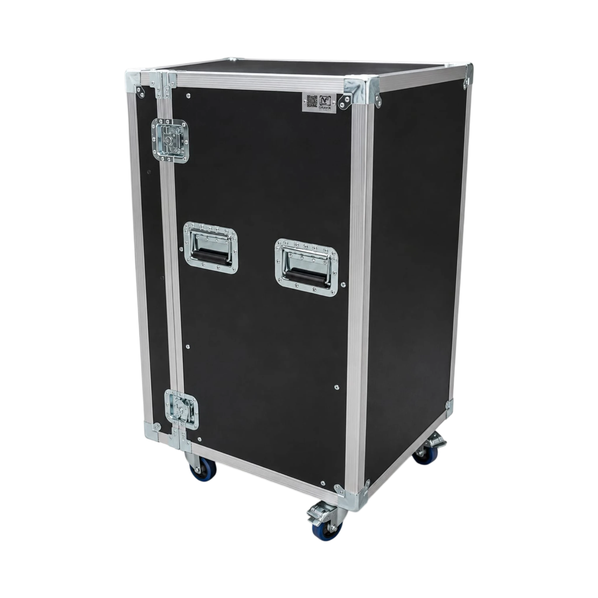 Black ATA work case, angled closed view showing recessed handles, latches, and caster wheels