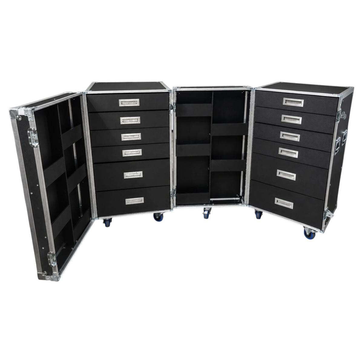 Two black ATA work cases, fully open wide view showing five drawers and door shelving compartments