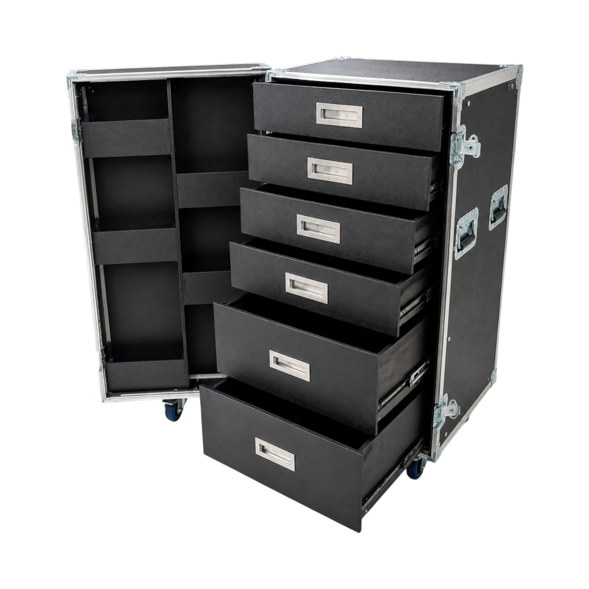 Black 5 Drawer ATA Work Case With Door Shelving, angled open view with extended drawers