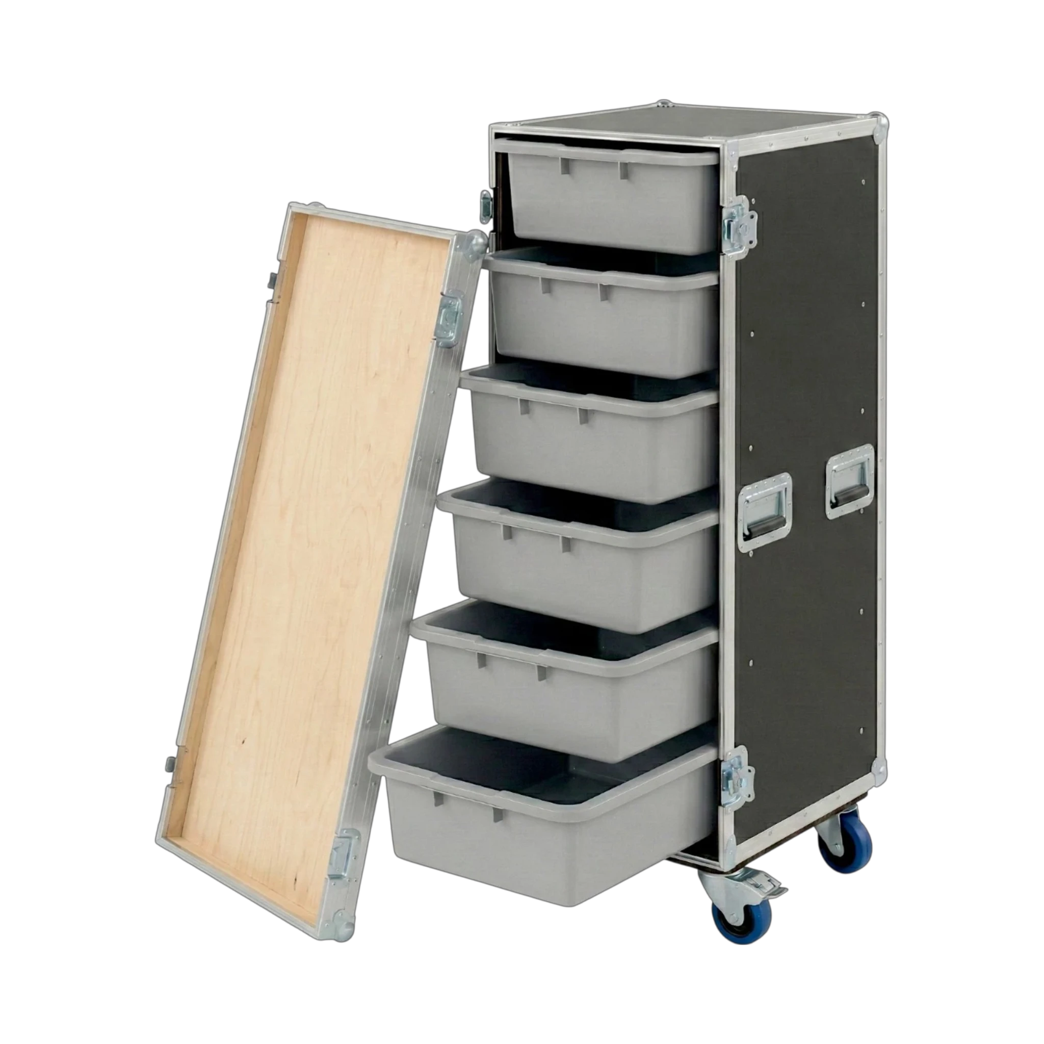 Black 6 Large Tub Drawer ATA Case 3/8" Ply With Wheels, open view showing open tub drawers