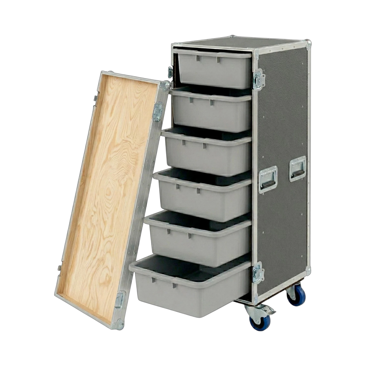 Gray 6 Large Tub Drawer ATA Case 3/8" Ply With Wheels, open view showing open tub drawers