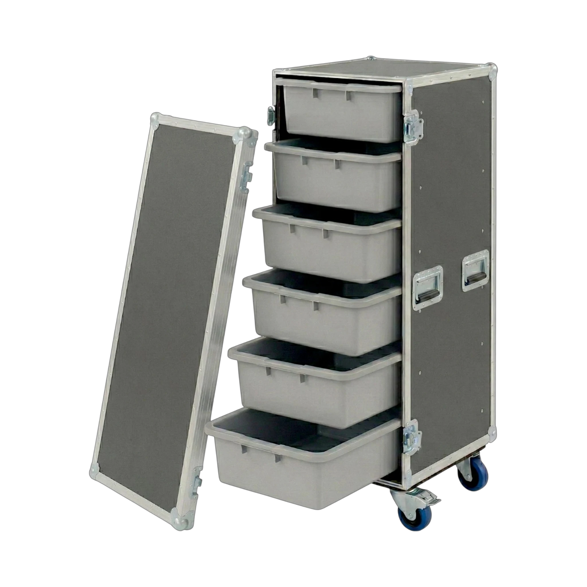 Gray 6 Large Tub Drawer ATA Case 3/8" Ply With Wheels, open view showing tub drawers
