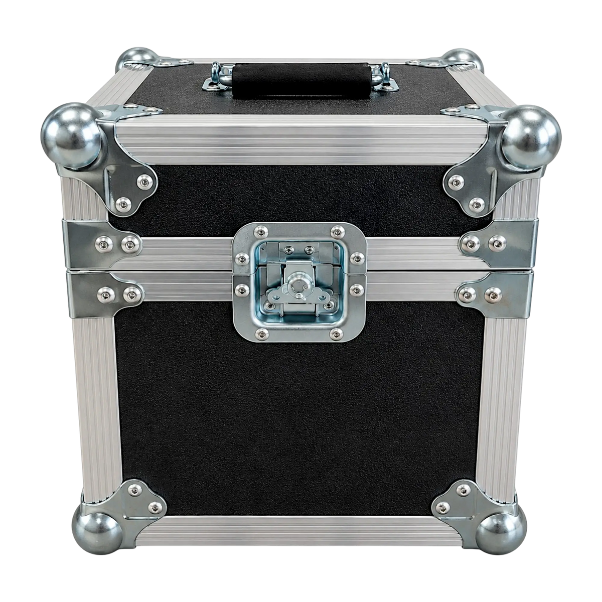 Black 6 microphone ATA case, closed front view showing twist latch, ball corners, and aluminum extrusion framing