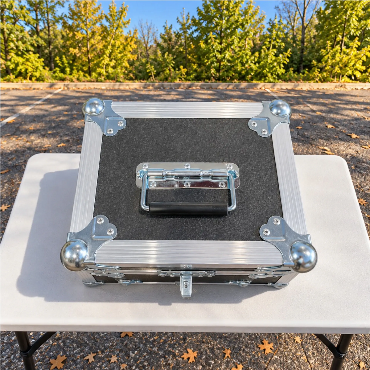 Black 6 microphone ATA case, closed top view showing recessed spring-loaded handle and steel ball corners