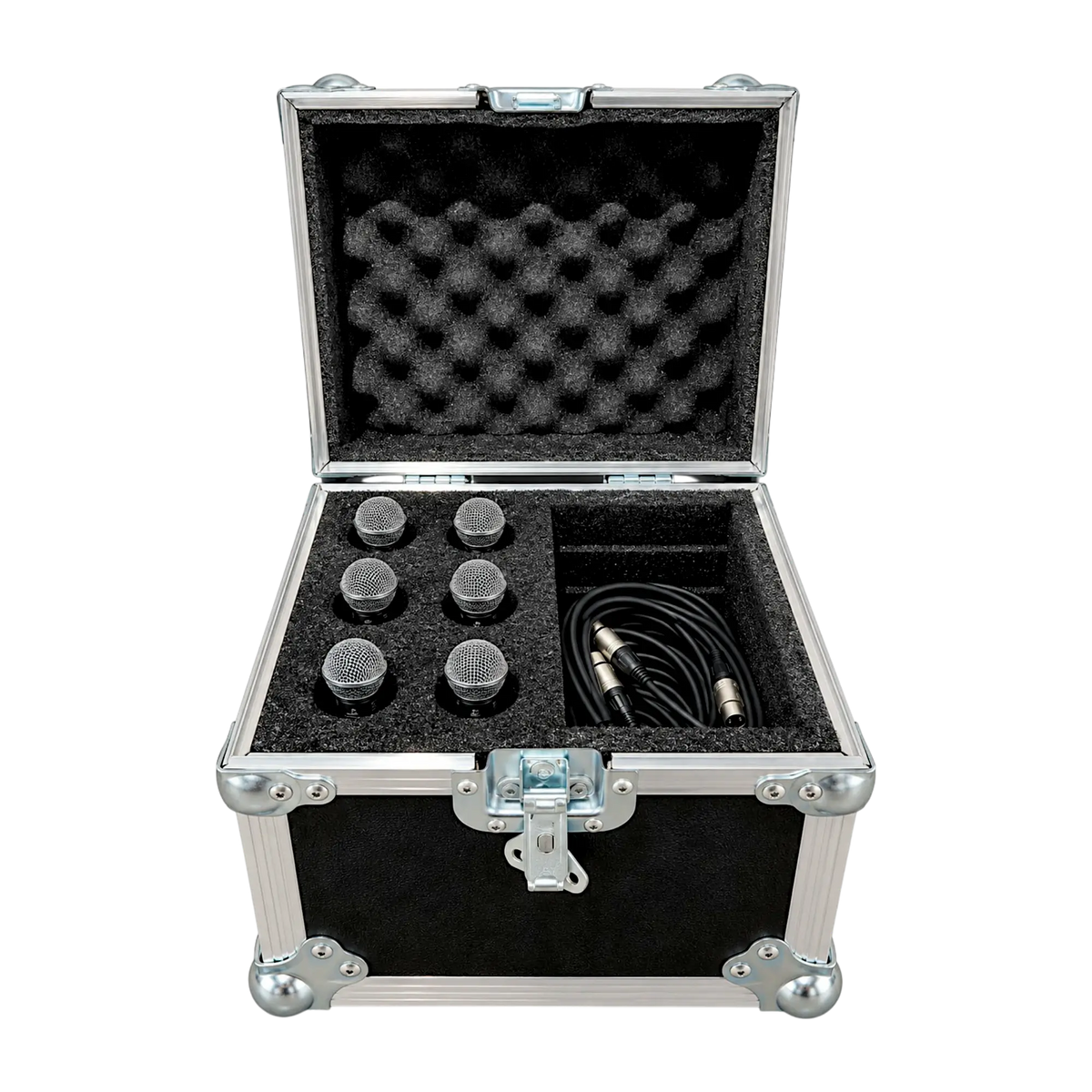 Black 6 Microphones ATA Case with Wire Compartment, open front view showing 6 mic foam dropouts, cables, and eggcrate lid foam
