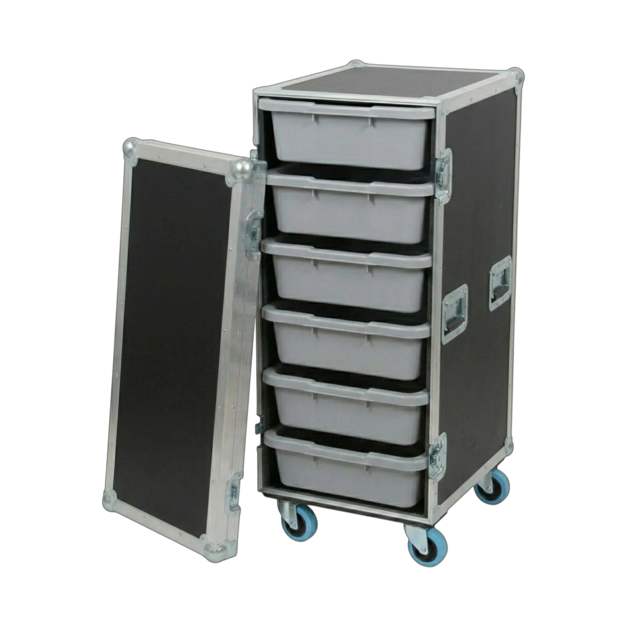 Black 6 Small Tub Drawer ATA Case 3/8" Ply With Wheels, open view showing tub drawers
