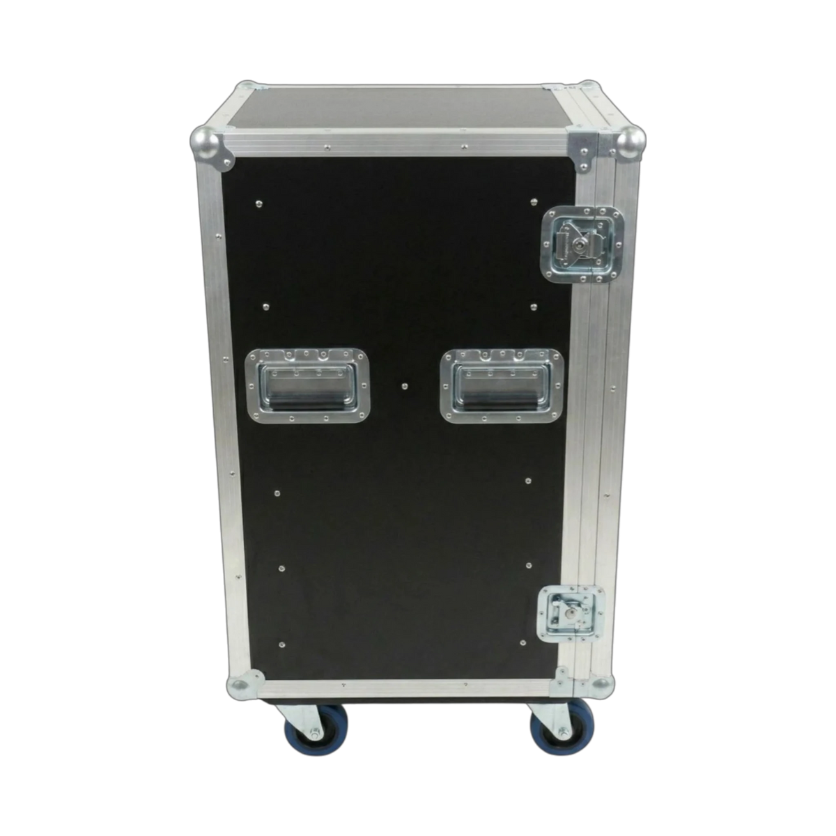 Black 6 Small Tub Drawer ATA Case 3/8" Ply With Wheels, left side showing handles and latches