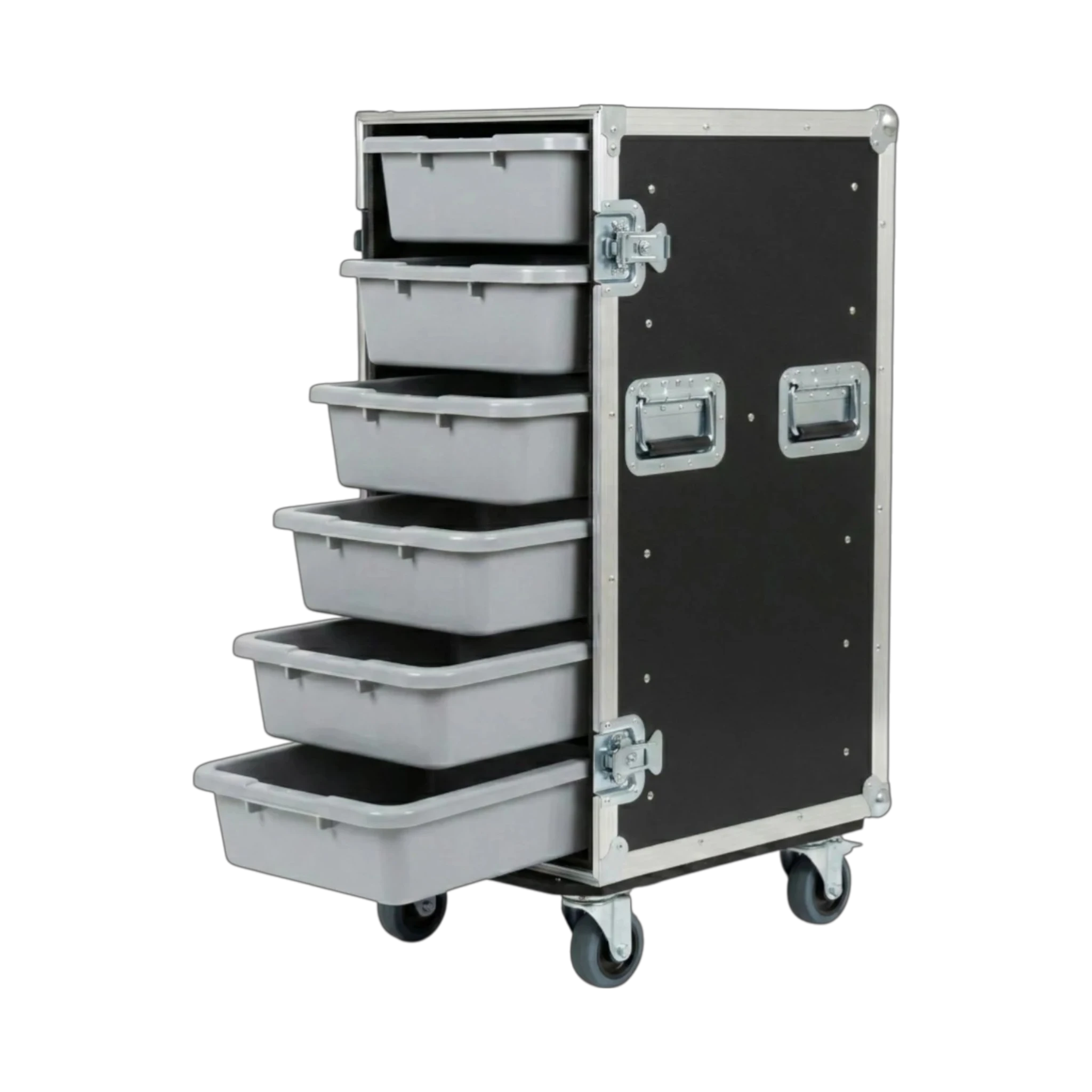 Black 6 Small Tub Drawer ATA Case 3/8" Ply With Wheels, open view showing open tub drawers