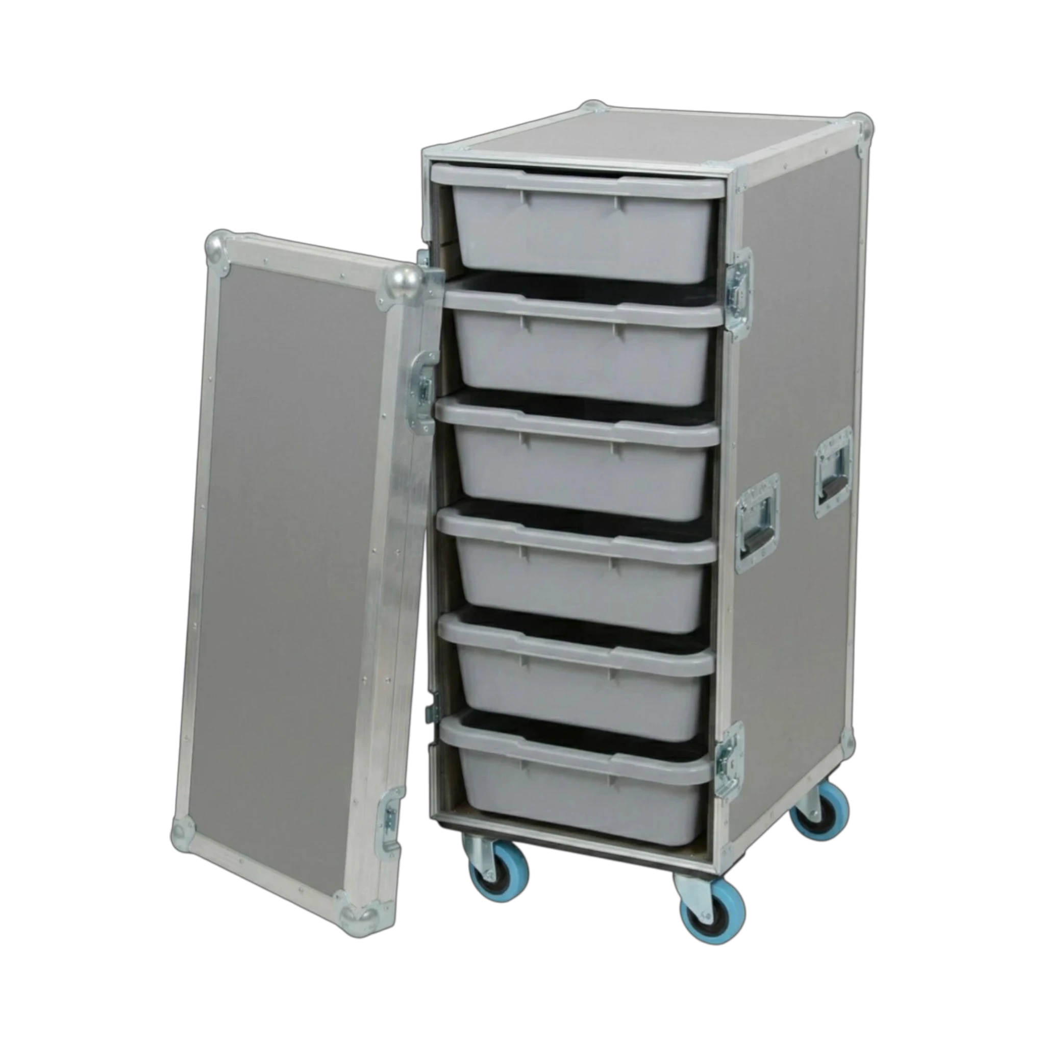 Gray 6 Small Tub Drawer ATA Case 3/8" Ply With Wheels, open view showing tub drawers
