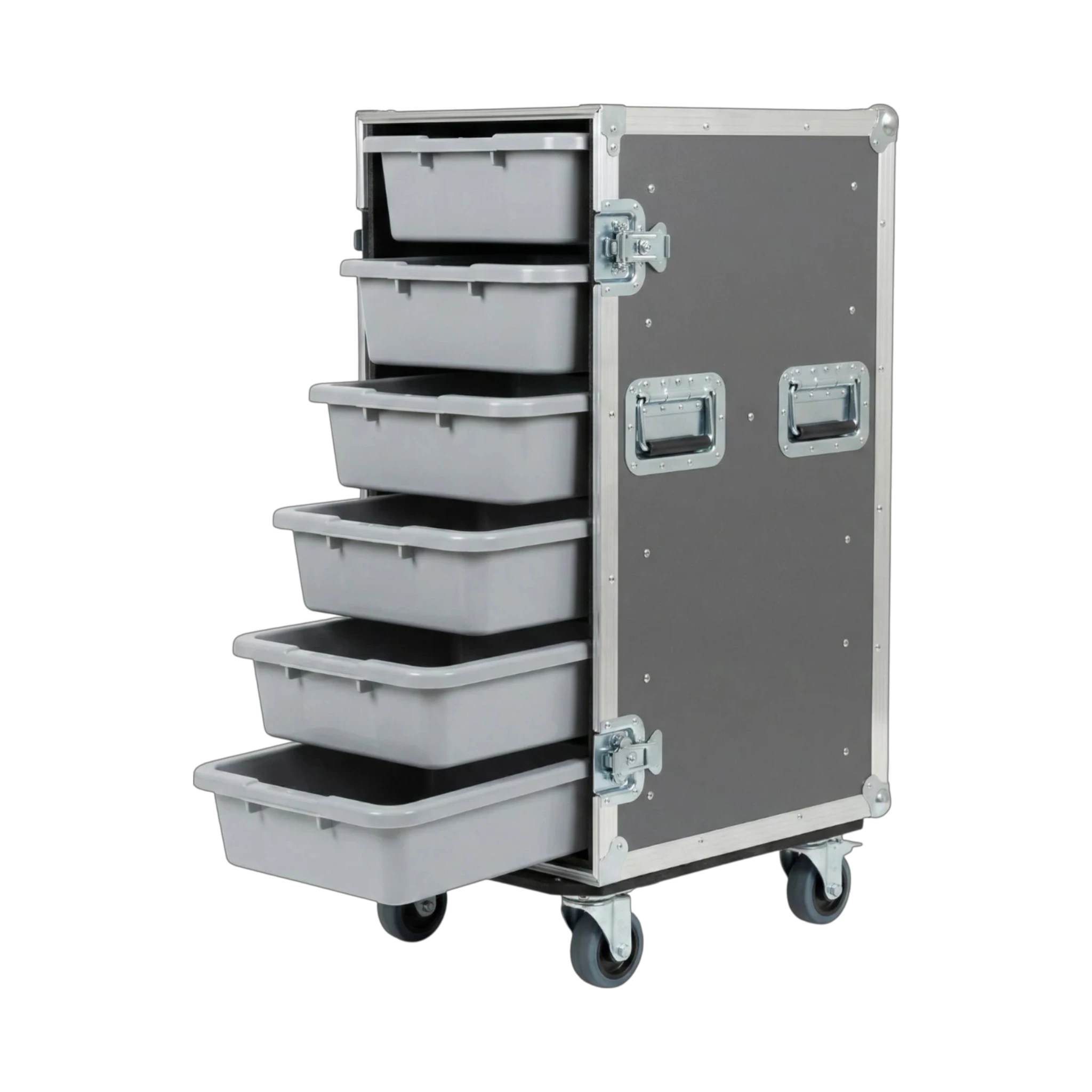 Gray 6 Small Tub Drawer ATA Case 3/8" Ply With Wheels, open view showing open tub drawers