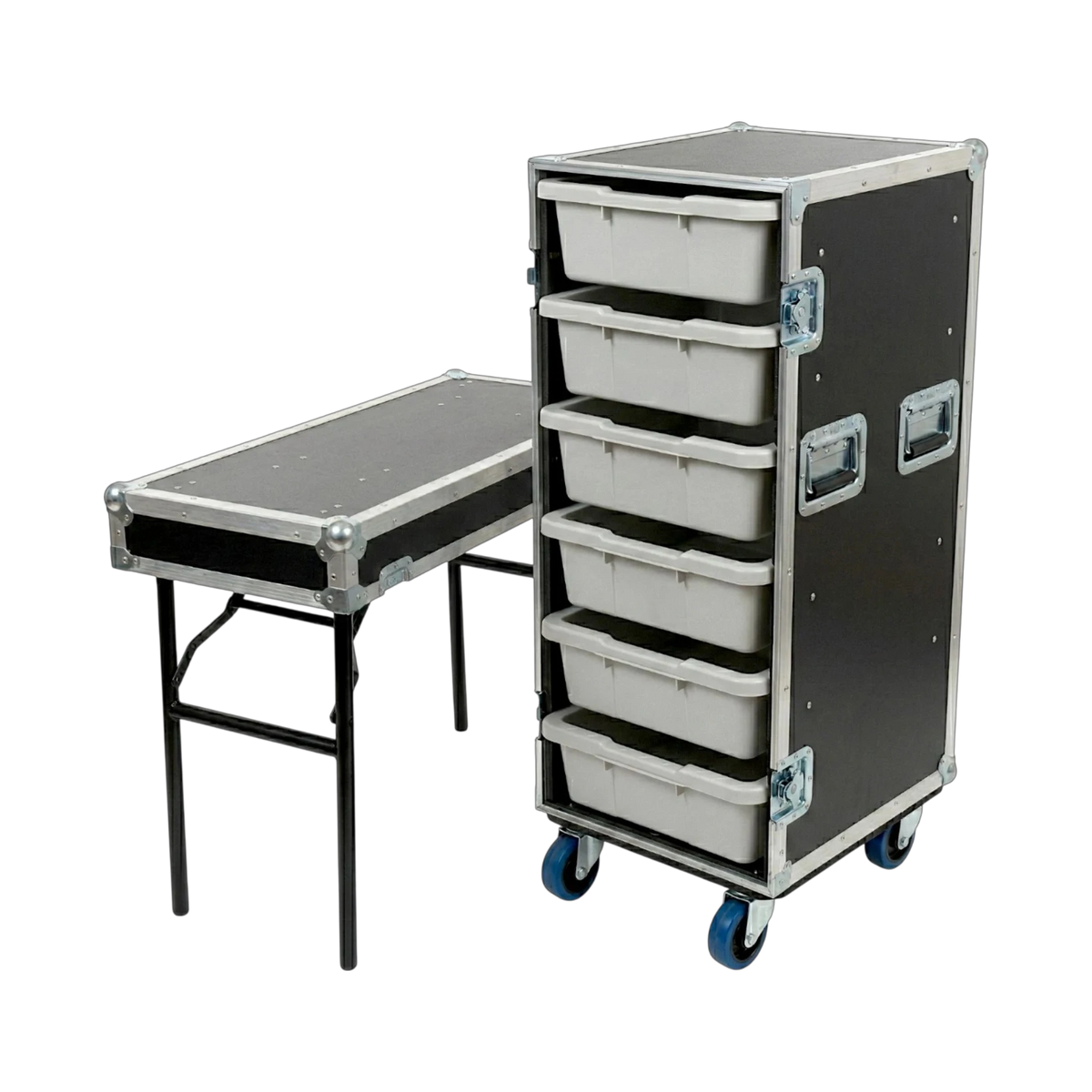 Black 6 Small Tub Drawer ATA Case 3/8" Ply With Lid Table & Wheels, open view showing lid table and tub drawers
